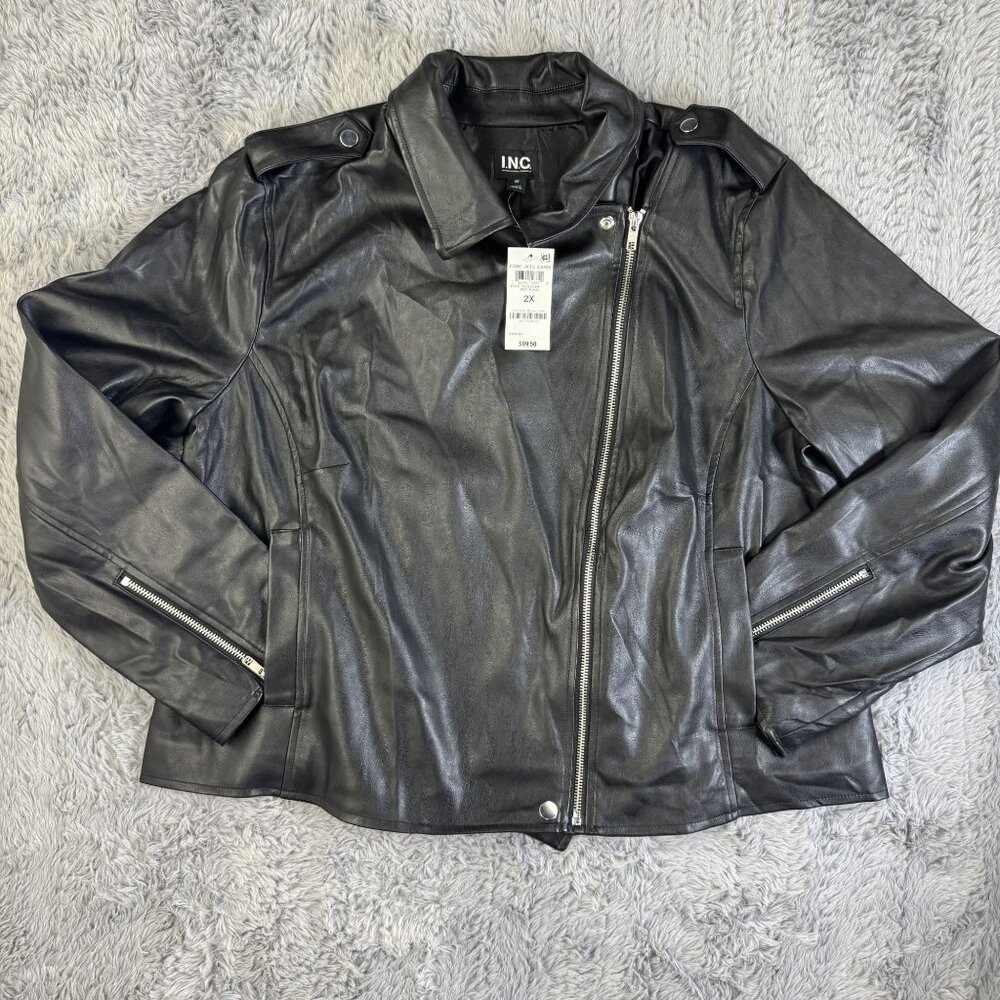NEW INC Womens Faux Leather Moto Jacket Black Size 2X Zipper Details Snap Collar